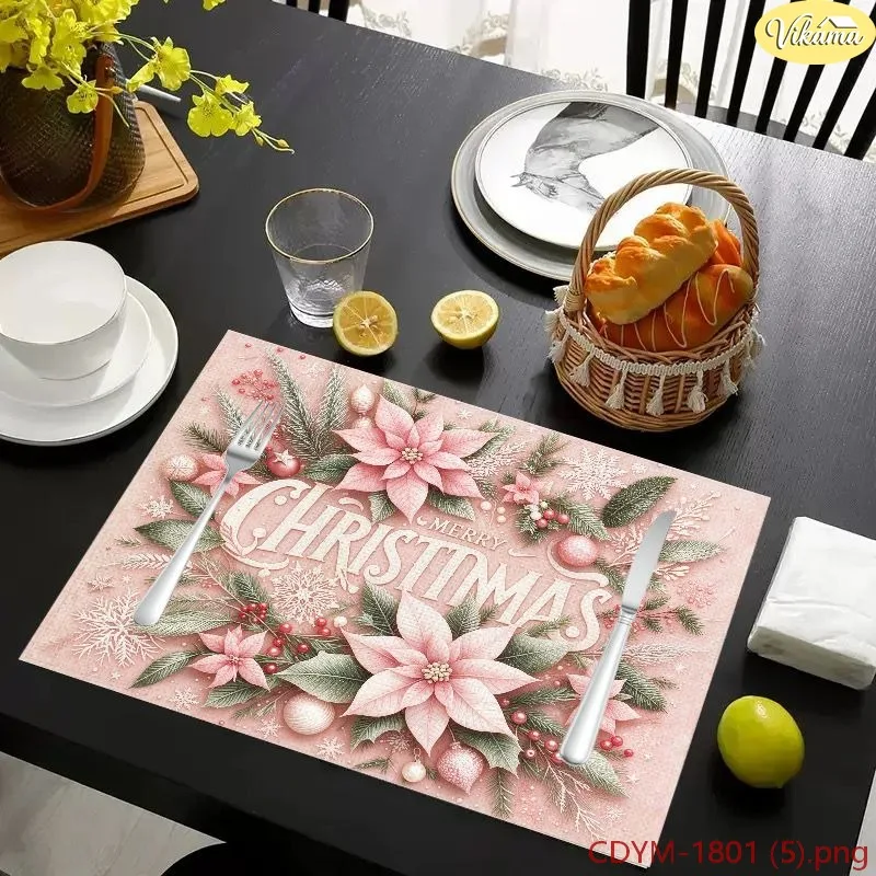 VIKAMA Christmas Placemats Pink Merry Christmas Poinsettia Ornament Snowflake Washable Mat Winter Holiday Kitchen Decor