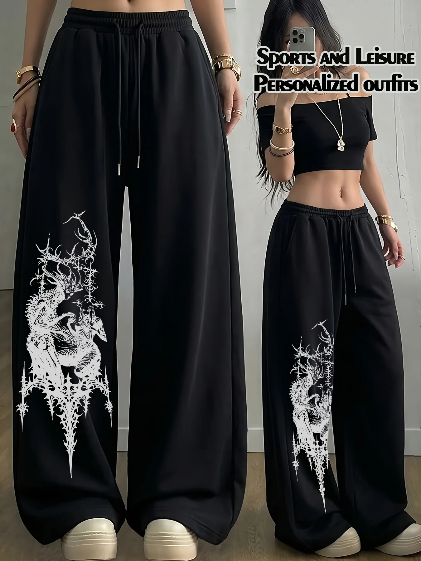 New Style: Gothic Trendy Punk Personalized Hip Hop Thorn Pattern Printed Casual Running Pants for Women Straight Leg Pants