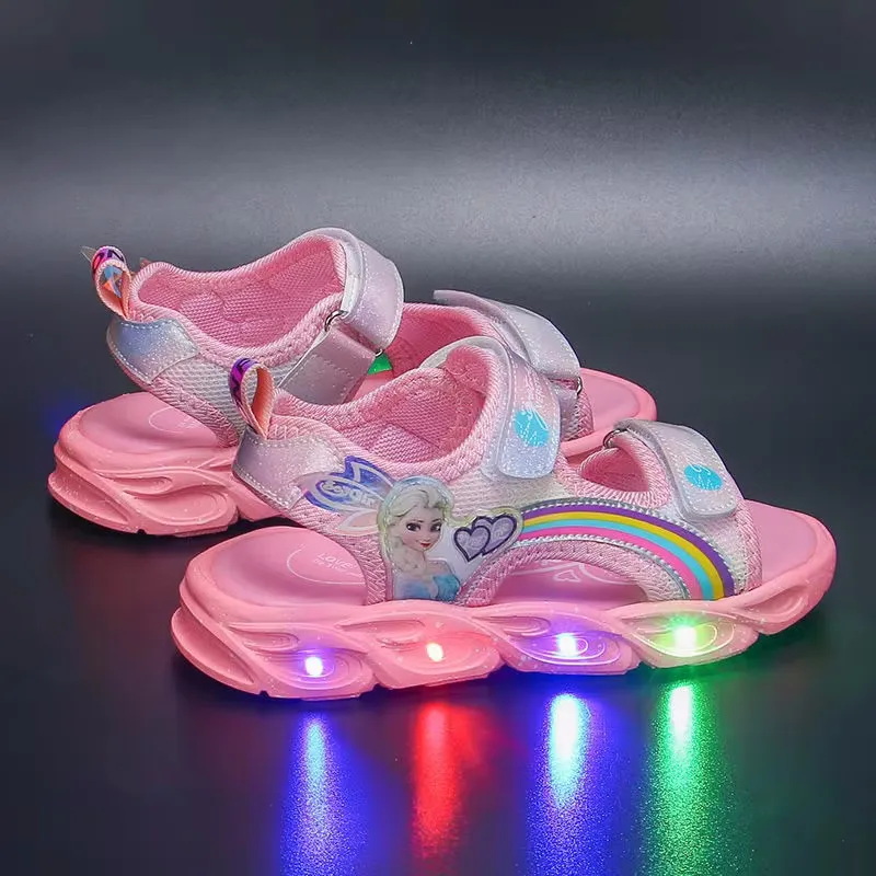 Disney scarpe Casual per bambini luci a Led donna estate sandali per ragazze bambini principessa Elsa scarpe da spiaggia rosa per ragazze taglia