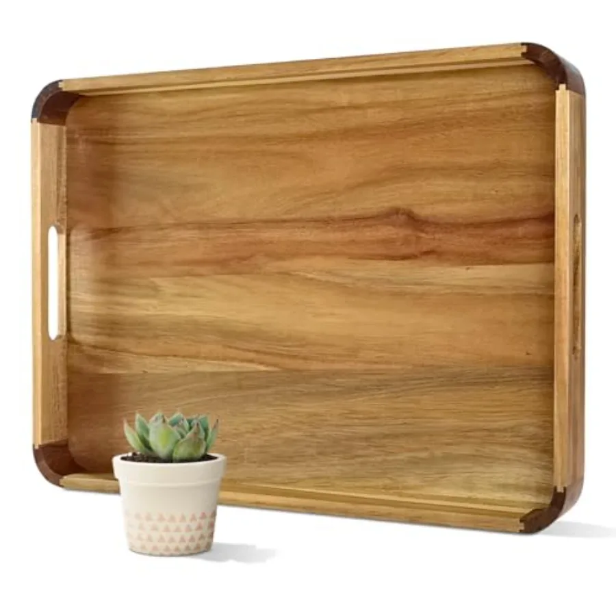 

22 Inches Acacia Wood Serving Tray with Handles Large Wooden Rectangle Ottoman Tray Nice Home Decor for Living Room Coffee Tabl