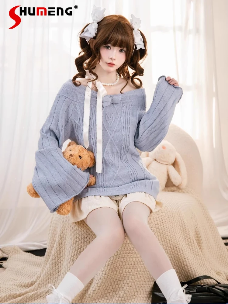 

Original Japanese Style Elegant Sweet Off-Shoulder Flared Long Sleeve Loose Versatile Knitted Pullover Sweaters for Women Autumn