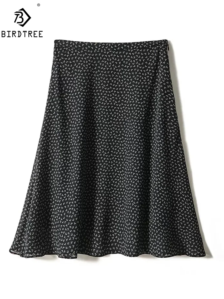 Birdtree, 100%Mulberry Silk Elegant Skirts, Women Floral Printed, Retro Commute Fashion A-Line Skirt, Spring Summer B45321QM