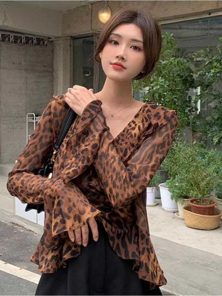 Leopard Blouses Women Ruffles Vintage Flare Sleeve Summer Sun-proof Ladies Temperament Slim Fashion Ulzzang Korean Style Chic