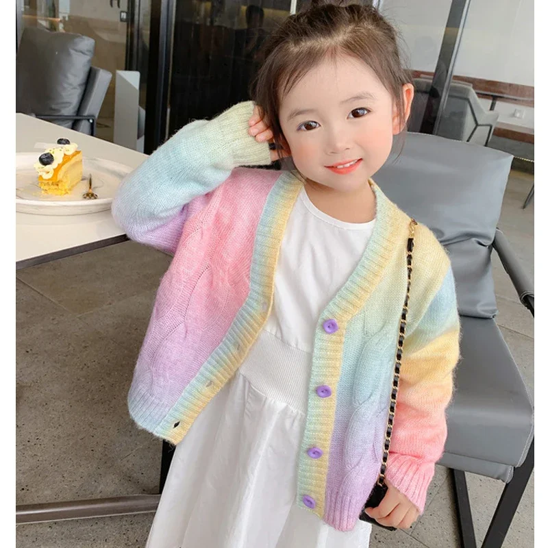 

Spring Autumn Girls Coat Birthday Party Gift Baby Girls Clothes 2-12 Years Girls Knitted Sweater New Rainbow Colorful Cardigan