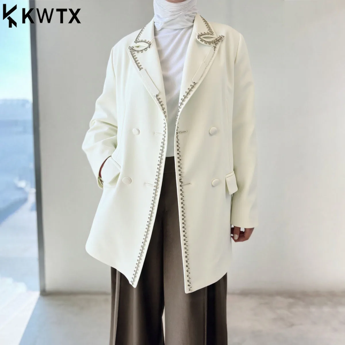 

KWTX 2025 Women’s Casual Blazer Solid Vintage Double Breasted Embroidery Elegant Cozy Fall Winter Designer Jacket