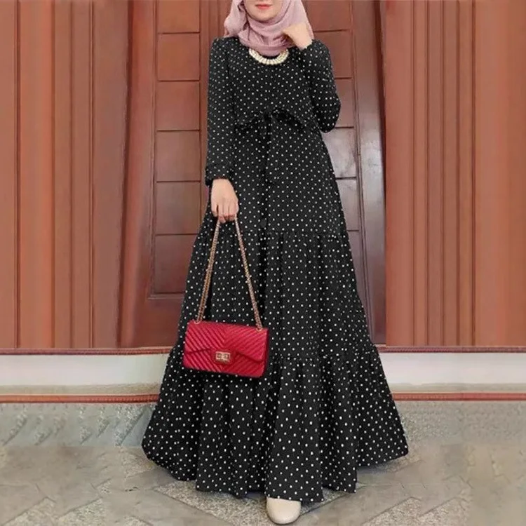 New Muslim Dresses Robe Arrival Muslim Moroccan Polka Dot Long Sleeve Dress Fashion Belt Sundress Party Robe in Stock