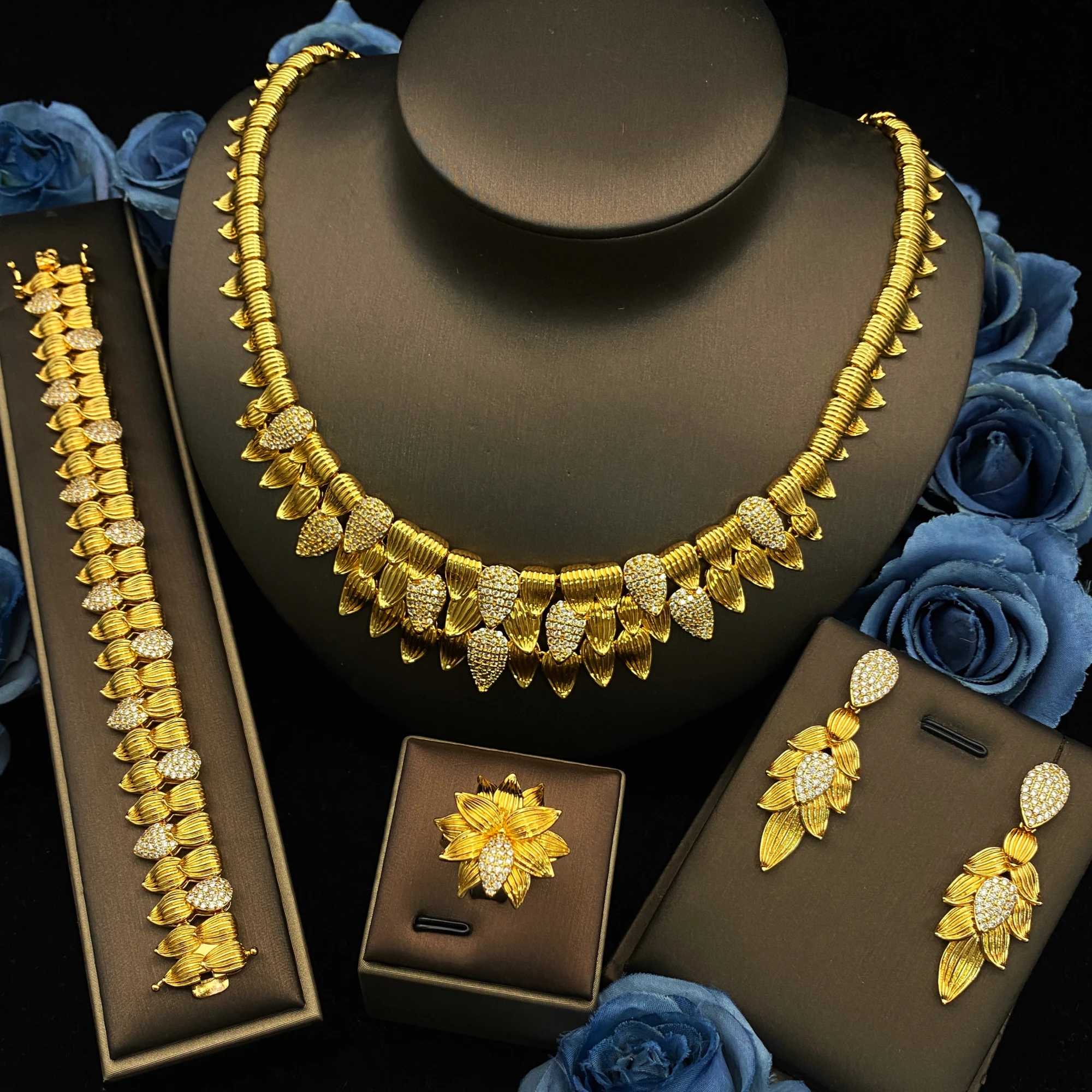 

JRH High Quality 4Pcs Set Gold Plated Sparkling Zirconia Bracelet Ring Necklace Earrings Jewelry Set Bridal Wedding Gift