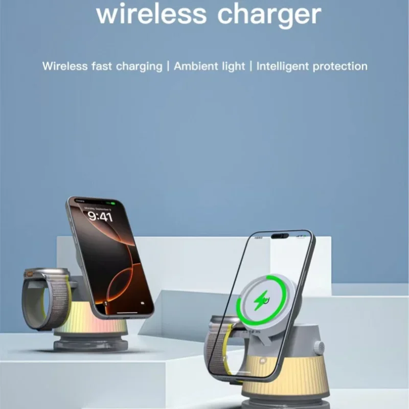 New 4-in-1 MagSafe Wireless Charger with RGB Ambient Light for iPhone Samsung Apple Watch Multi-Function Foldable Charging Dock