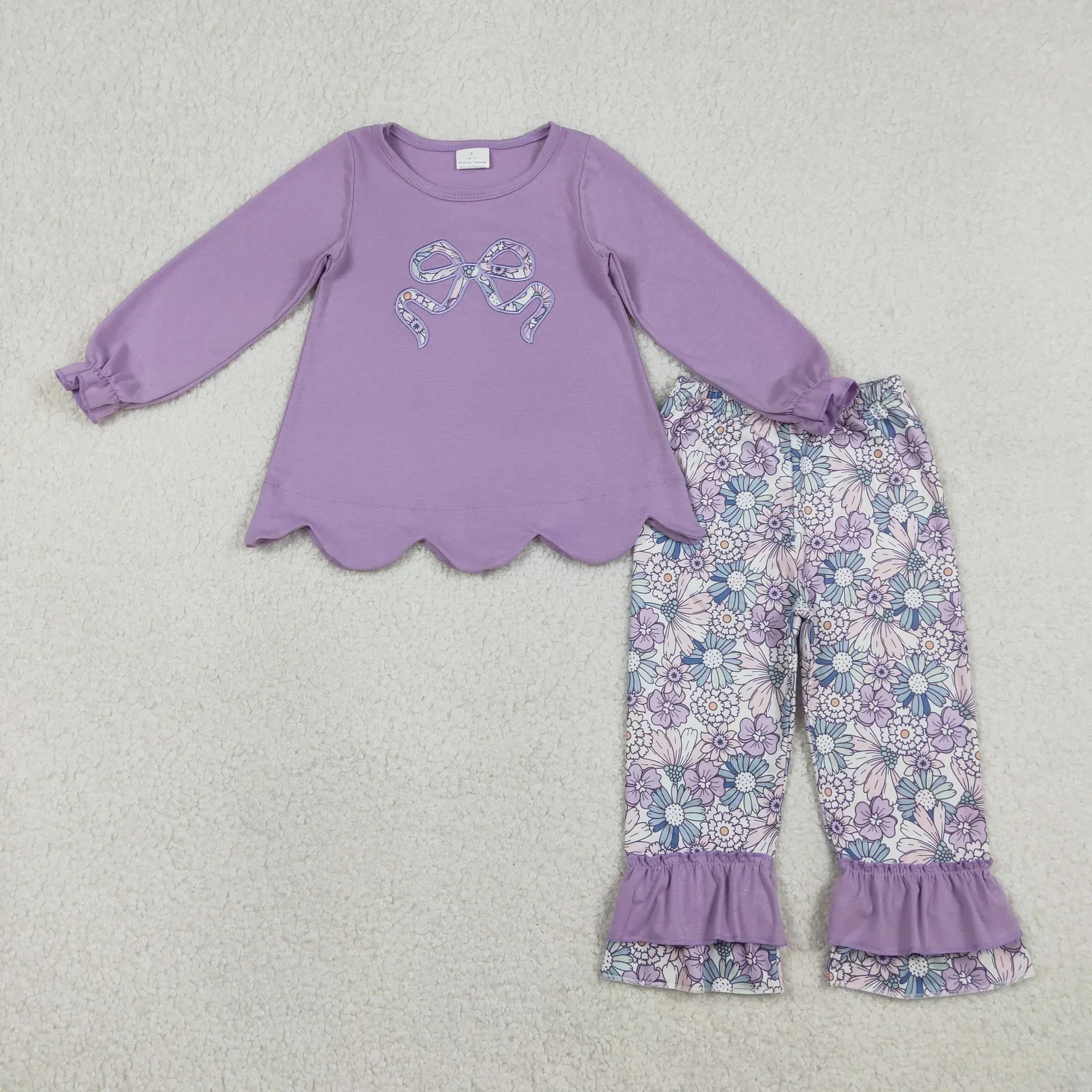 

Wholesale Children Long Sleeves Outfit Kids Baby Girl Embroidery Bow Purple Tunic Girls Children Set Flower Ruffle Cotton Pants