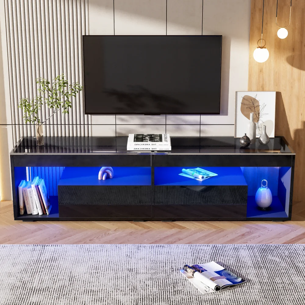 KOMHTOM Armadio TV LED lucido Nero, adatto per televisore fino a 70 pollici, 2 cassetti