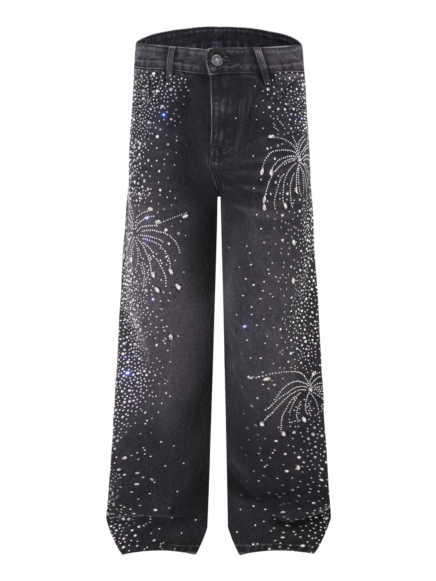

Fashionable Men's Jeans with Hotfix Rhinestones Straight Leg Loose Fit Casual Cotton Trousers for Young Adults Autumn Wear