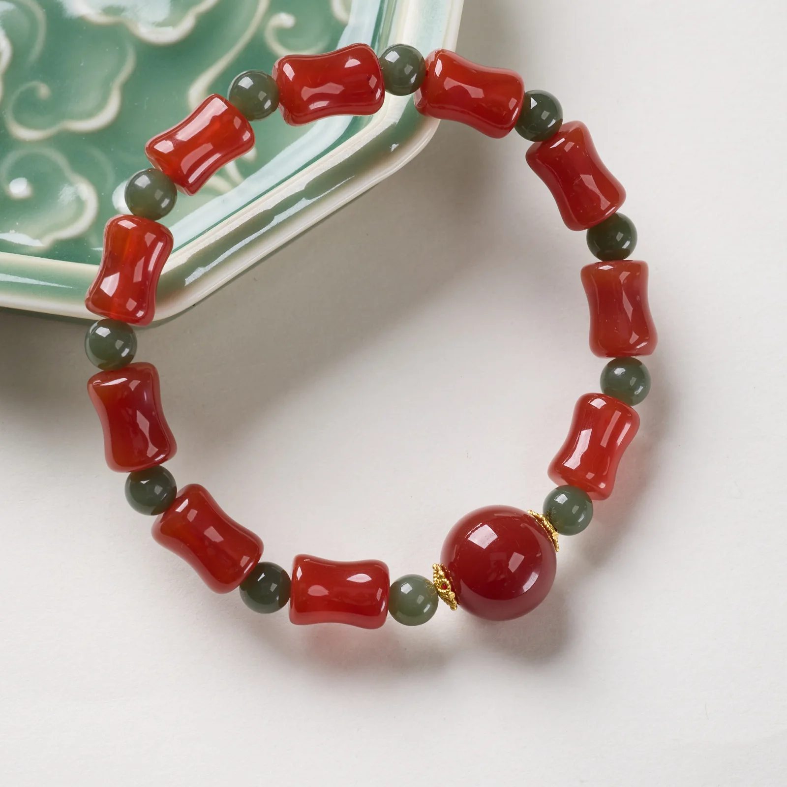 Natural Red Agate & Hetian Jade Bamboo Beads Beaded Bracelet for Women New Chinese Style Lucky Charm Hand String Fine Jewelry
