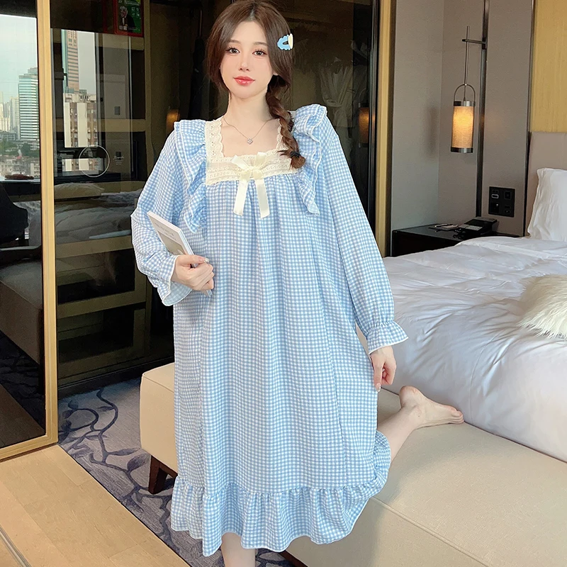 Mid-Length Nightdress for Women, Cotton Pajamas for Girls, Long Sleeve Homewear, Sweet Ins Sle, Chubby Girl, Plus Size kg