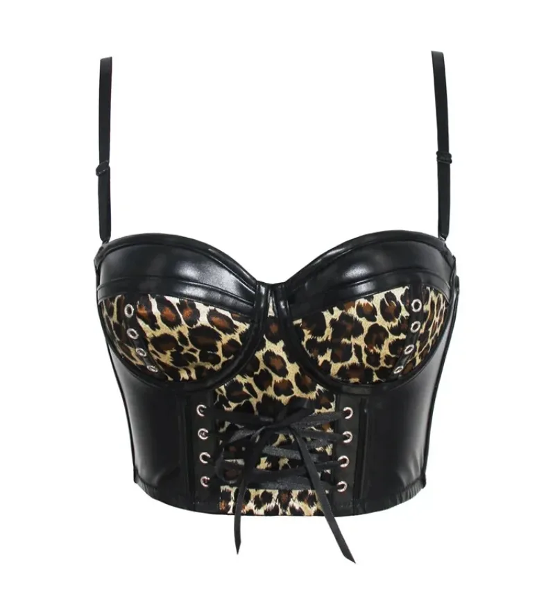 Leopardenmuster PU-Leder Neckholder-Top Damen Sexy Rückenfreies Einfarbiges Crop-Top Ärmelloses Korsett-Outfit Tank-Top Party Club Schwarz