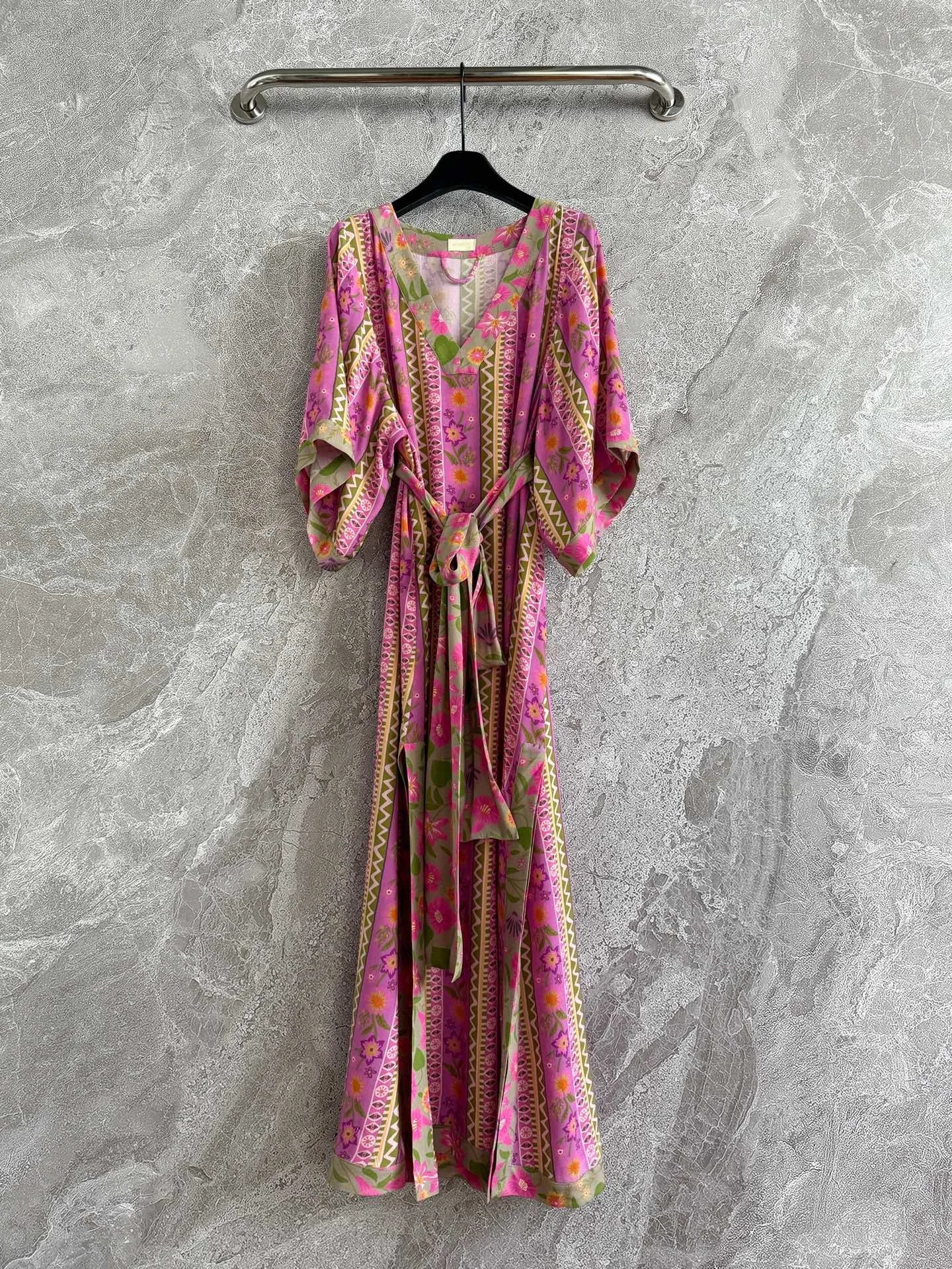

2025 New Women Side Split Midi Dress Colorful Geometric Print V-Neck Half Sleeve Lace-up Waist Vintage Ladies Robe