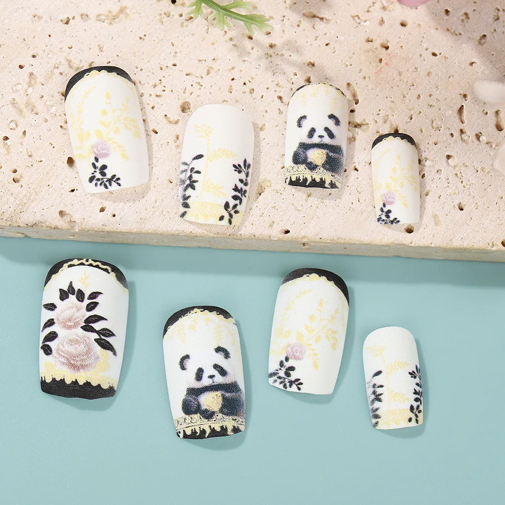 Cute Panda Cartoon Fake Nails with Glue Spring Flower Printing Design Acrylic Nail Set Fake Nails Artificial Nails Set Press On