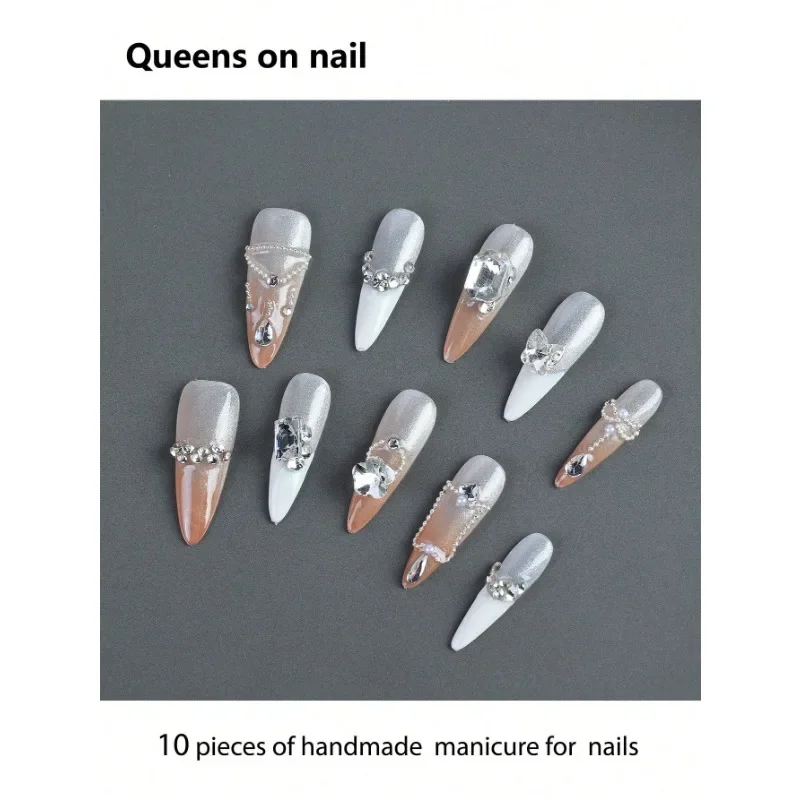 

10 Pieces Handmade press on Nails Almond Style Fake Nails/Sfumato/Pearls/Flower Glitter Diamonds/Metallic Pearls/Square Diamonds