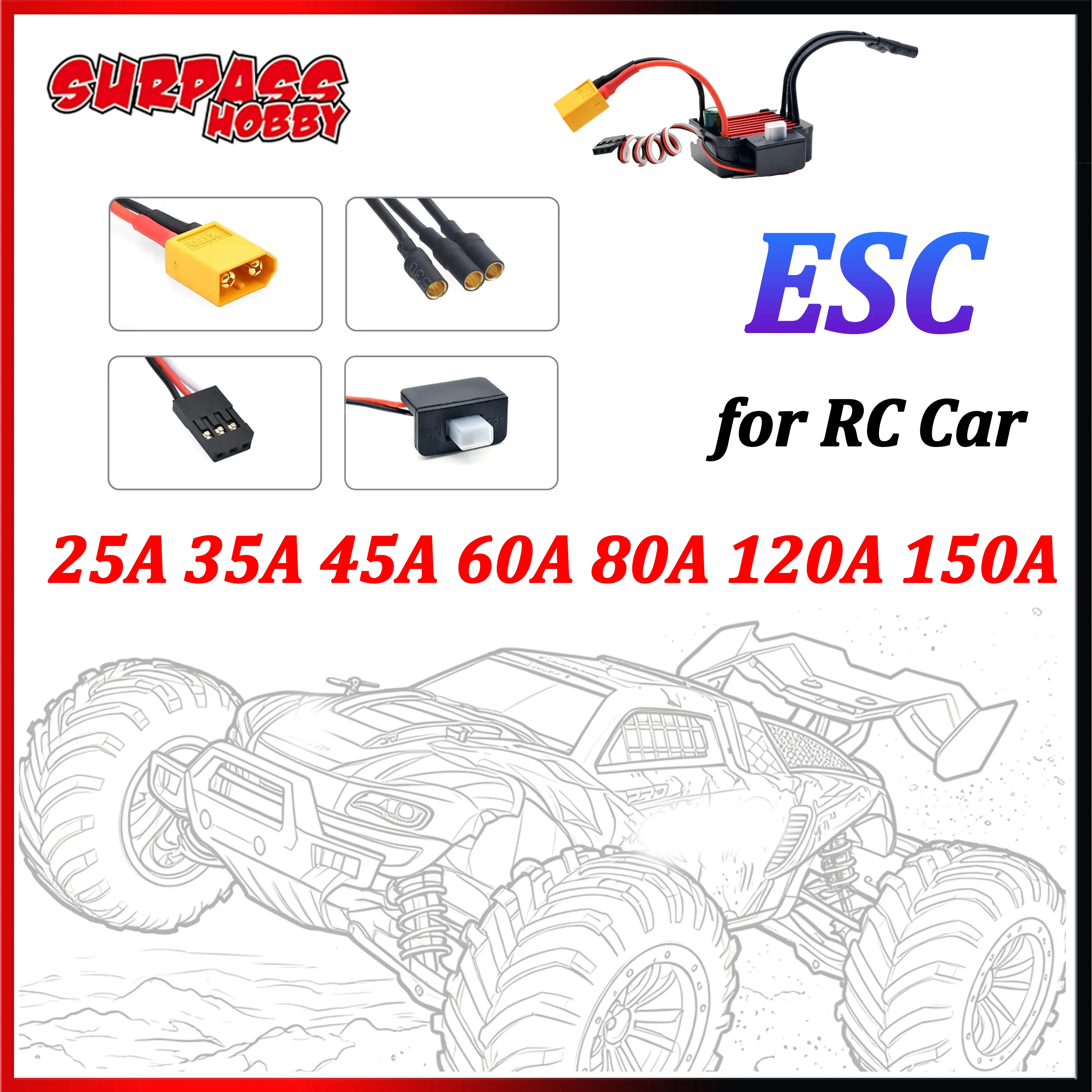 

SURPASS HOBBY Waterproof Brushless ESC XT60 Plug 25A 35A 45A 60A 80A 120A 150A Motor for 1/8 1/10 1/12 1/18 RC Car Axial SCX10
