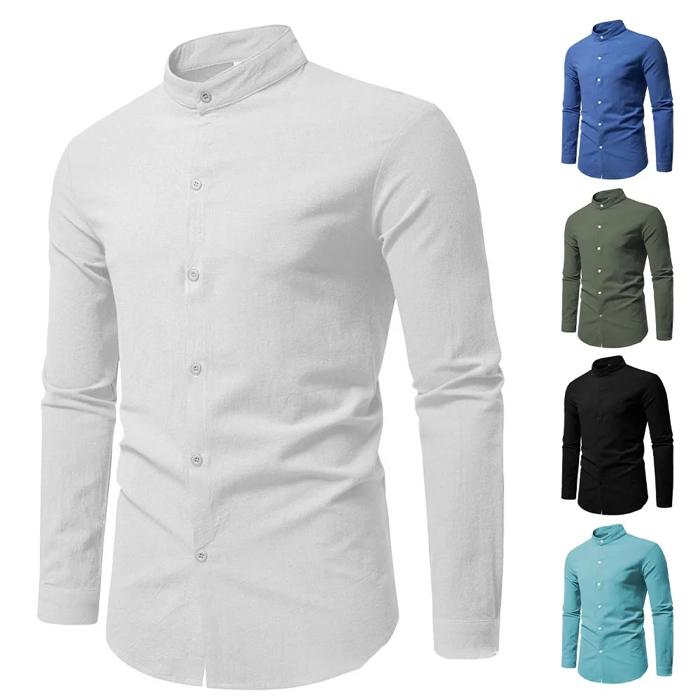 Men Casual Long Sleeve Stand Collar Cardigan Single-breasted Cotton Shirts