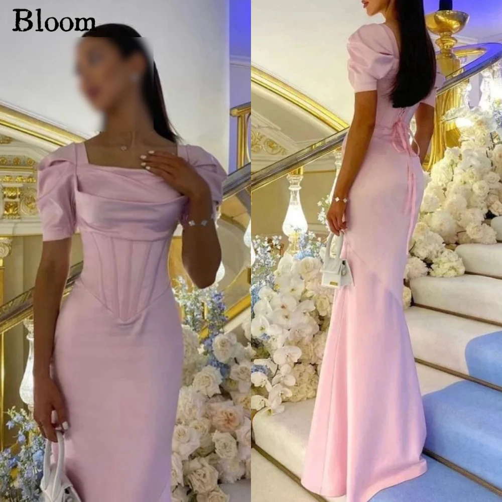 

Bloom High Quality Pink Short Sleeves Prom Dresses Satin Corset Lace Up Back Evening Dresses Square Neck Wedding Party Dress