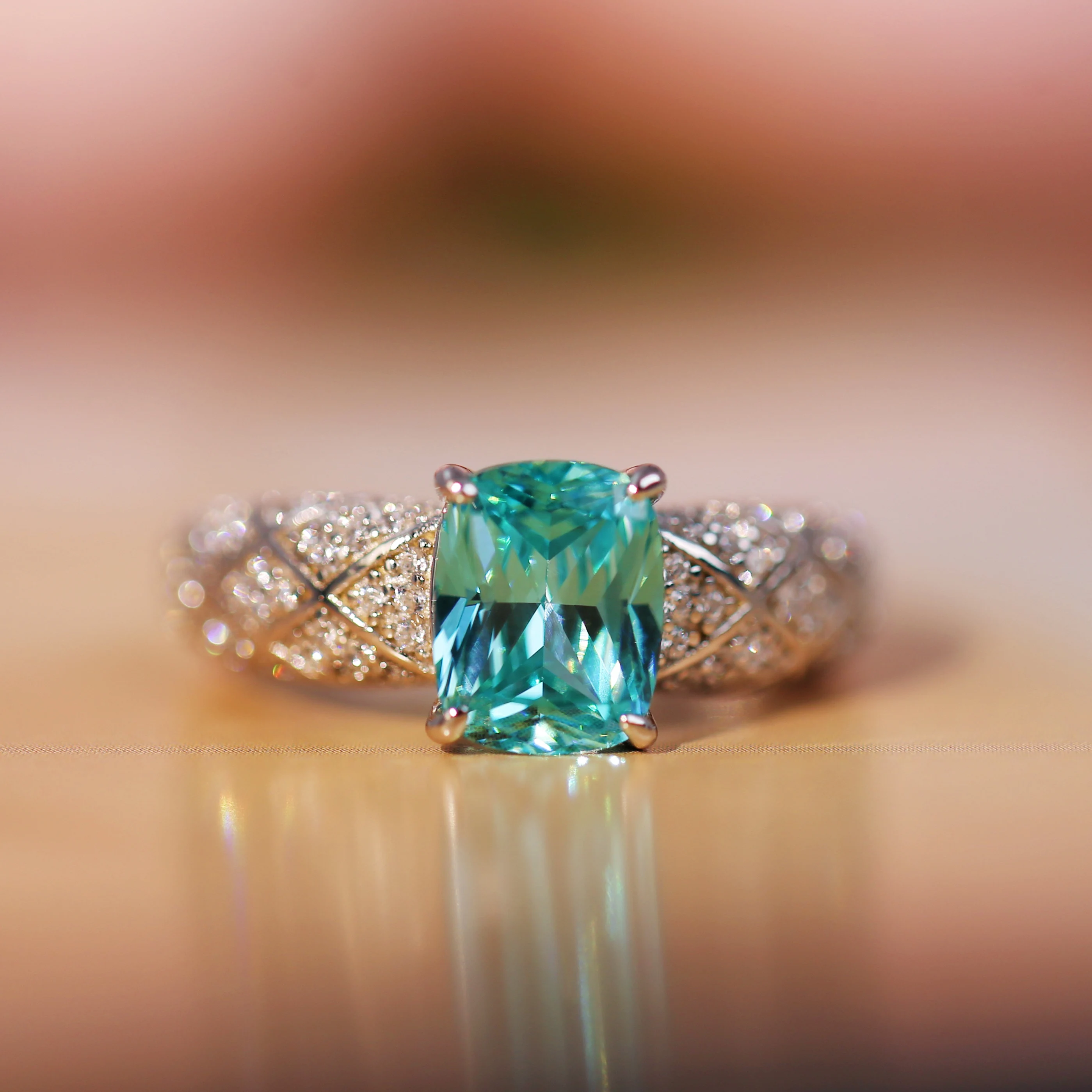 

Cushion Cut Lab-Created imitation Paraiba Ring with Full Zirconia Band,Rhodium Plated Sterling Silver-Rivals Fine Jewelry