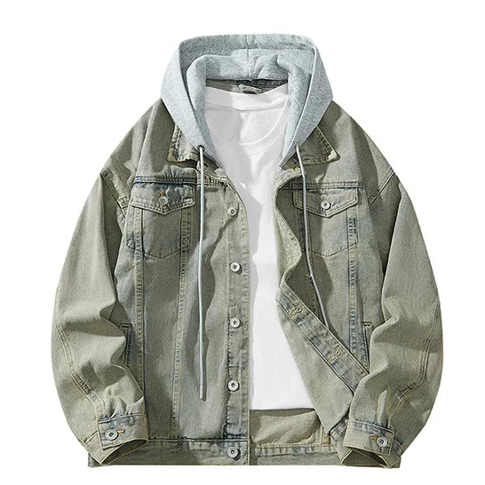 

Осеннее мужское джинсовое пальто, винтажная однобортная стираная мужская верхняя одежда с отложным воротником и длинными рукавами, свободная куртка с капюшоном для молодых мужчин
