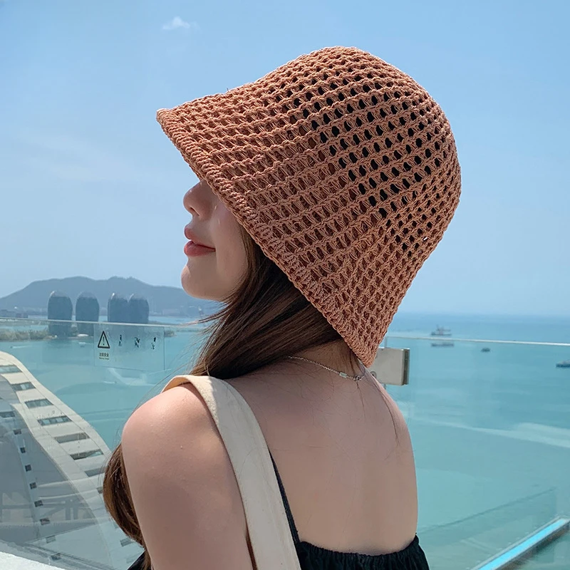 

Milk Silk Hollow Knitted Bucket Hat Versatile Solid Color Sun Hat South Korea Simple Fisherman Basin Hat