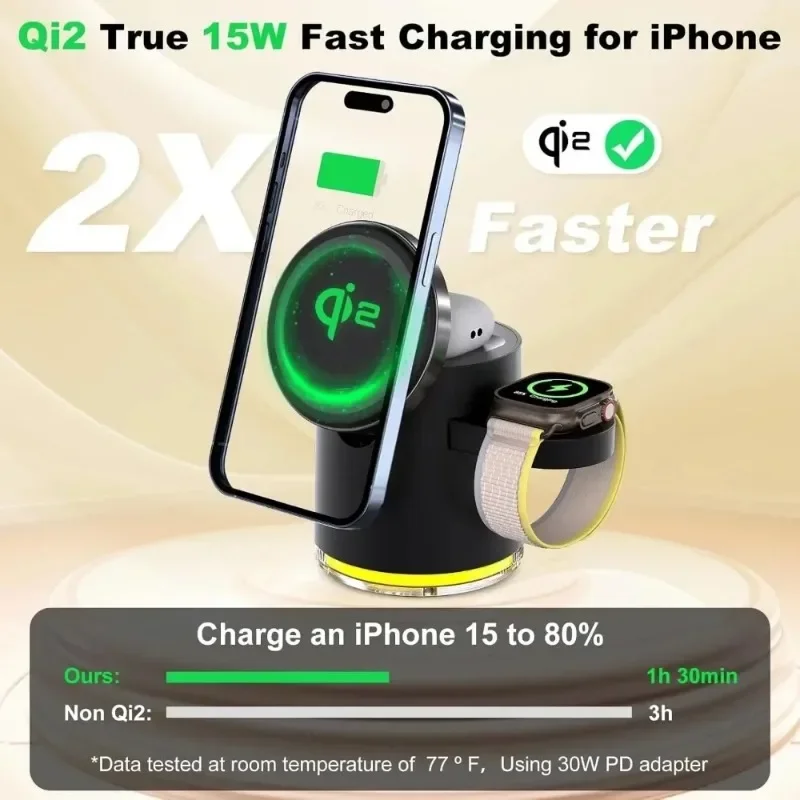 Desk Magnetic Wireless Charger Station Qi2 Fast Charging Stand for iPhone 17 16 15 14 13 12 iWatch 10/9/8/7 SE AirPods Pro