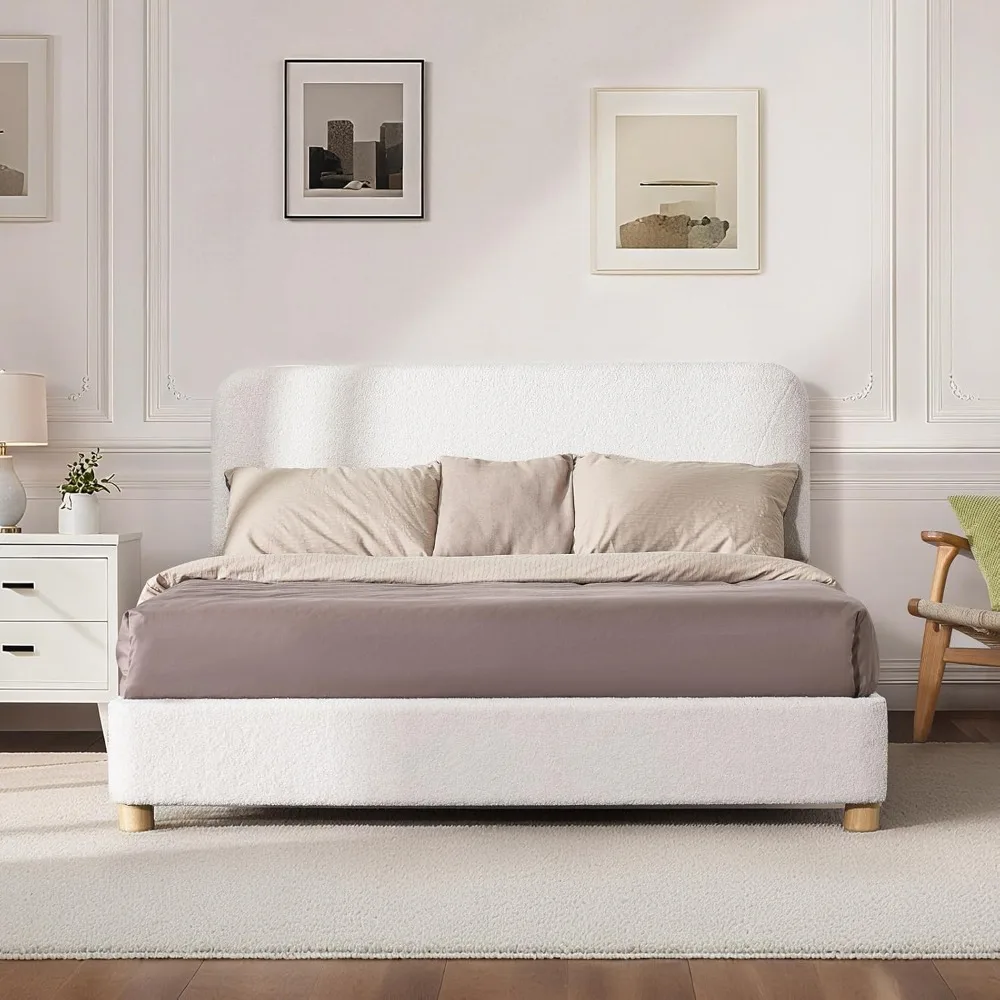 

Queen Size Boucle Bed Frame, Upholstered Cloud Bed Frame with Adjustable Headboard, Solid Wood Legs, Rounded Corners Design & Ea