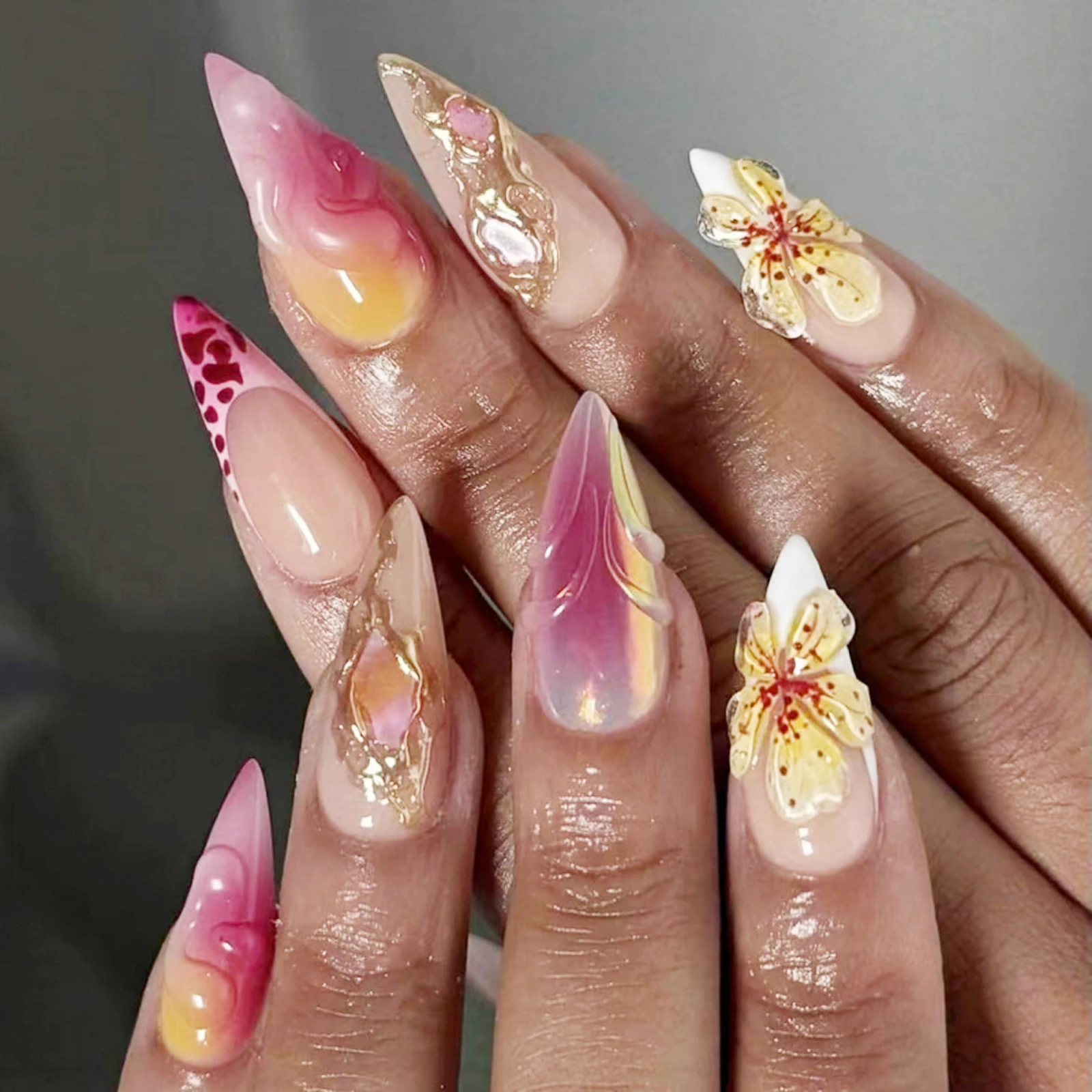 24Pcs Almond Press on Nails 3D Floral Leopard Pattern Fake Long Nail Tips Full Cover for Women