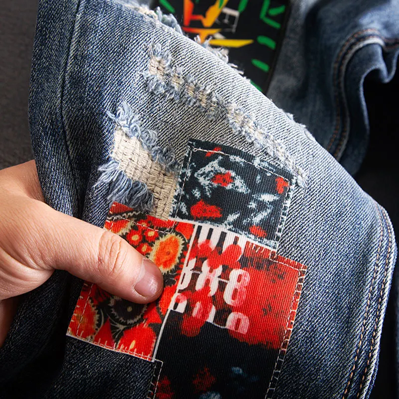 Street Fashion Men Jeans Retro Washed Blue Stretch Slim Fit Ripped Jeans Men Hole Patched Designer Hip Hop Denim Pants Hombre