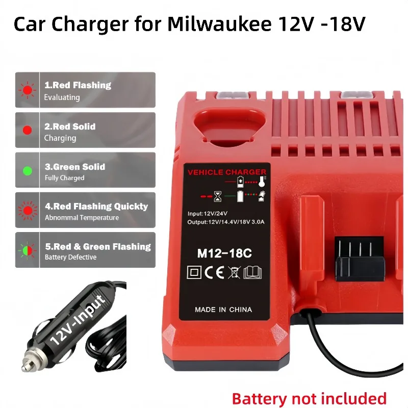 Portable Car Charger for Milwaukee 12V/18V Li-Ion Battery 48-11-2402 Cigarette Lighter Plug Quick Charger with LED Indicator
