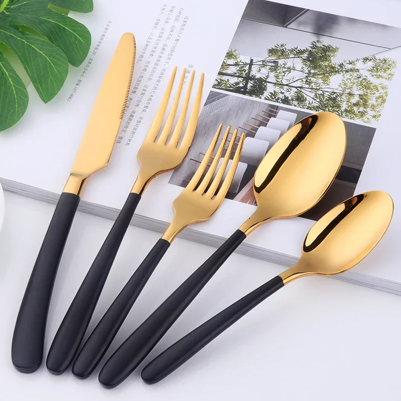 Buyer Star 20-Piece Flatware Set Stainless Steel 18/10 Cutlery Gold with Black Handle Service for 4 Home/Kitchen/Restaurant