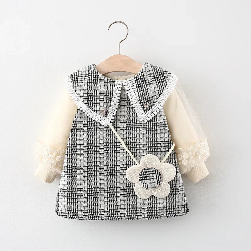 2 Pcs Spring and Autumn New Girl Baby Long Sleeve Dress Sweet plaid Large Collar Princess Dress Comes with Flower Pack