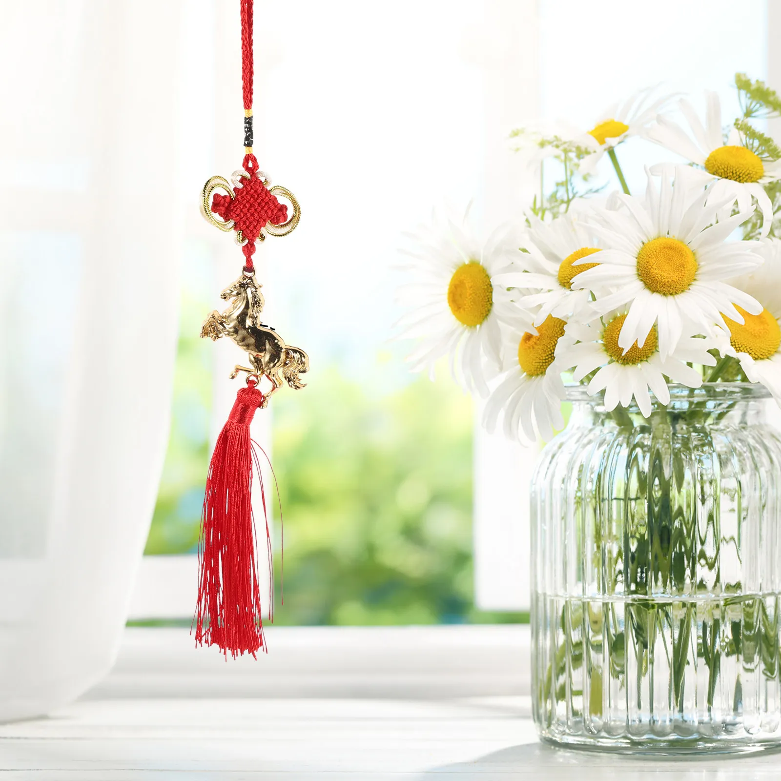 

6Pcs Traditional Chinese Knot Horse Pendant Golden Tassel Festive Hanging Decor for Chinese New Year Year of The Horse