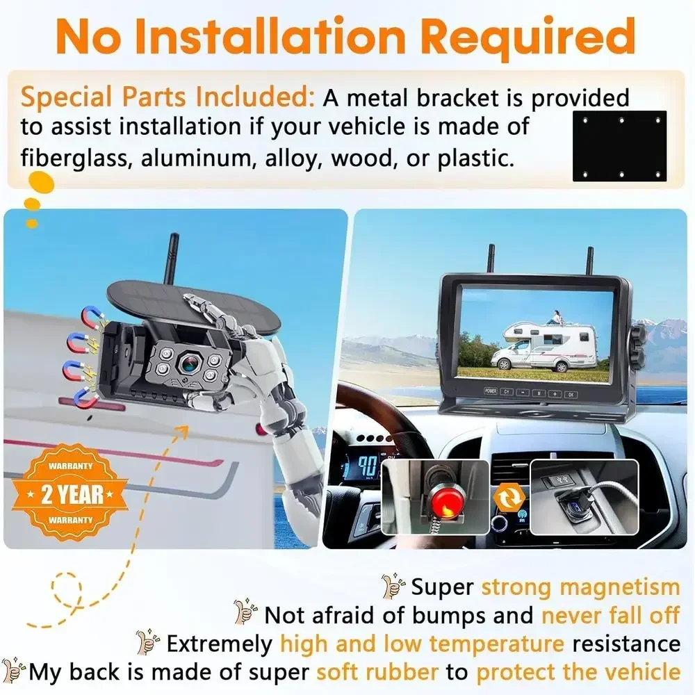 Wireless Backup Camera for RV Install-Free 7-Inch: Magnetic HD 1080P Recording Solar Rear View Camera No-Delay Signal with Touch