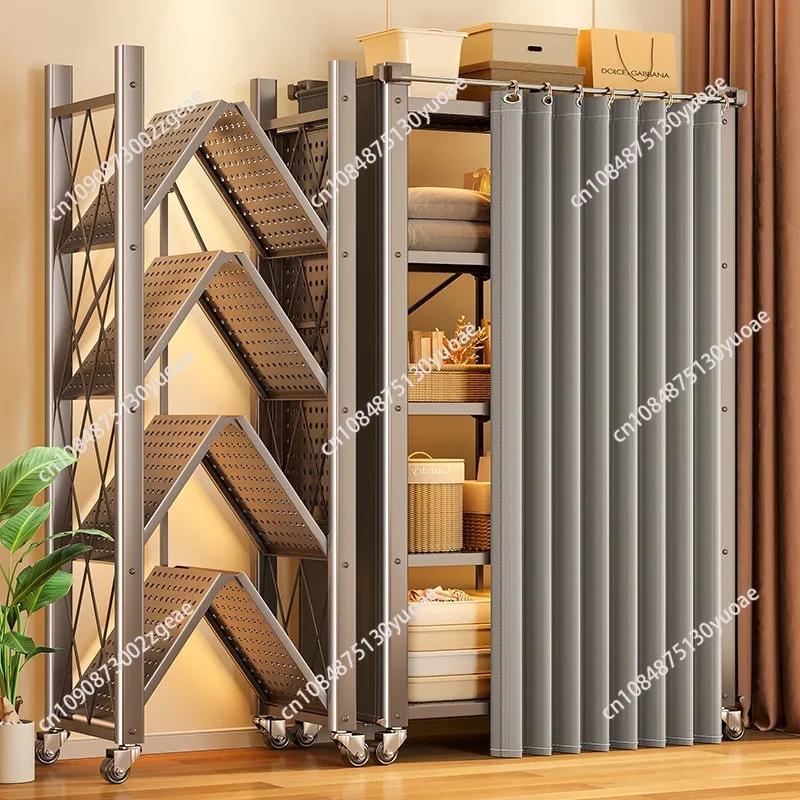 Stylish Deluxe Edition Multi-layer Metal Foldable Storage Shelf Living Room Rolling Trolley Kitchenware Storage Rack with Wheels