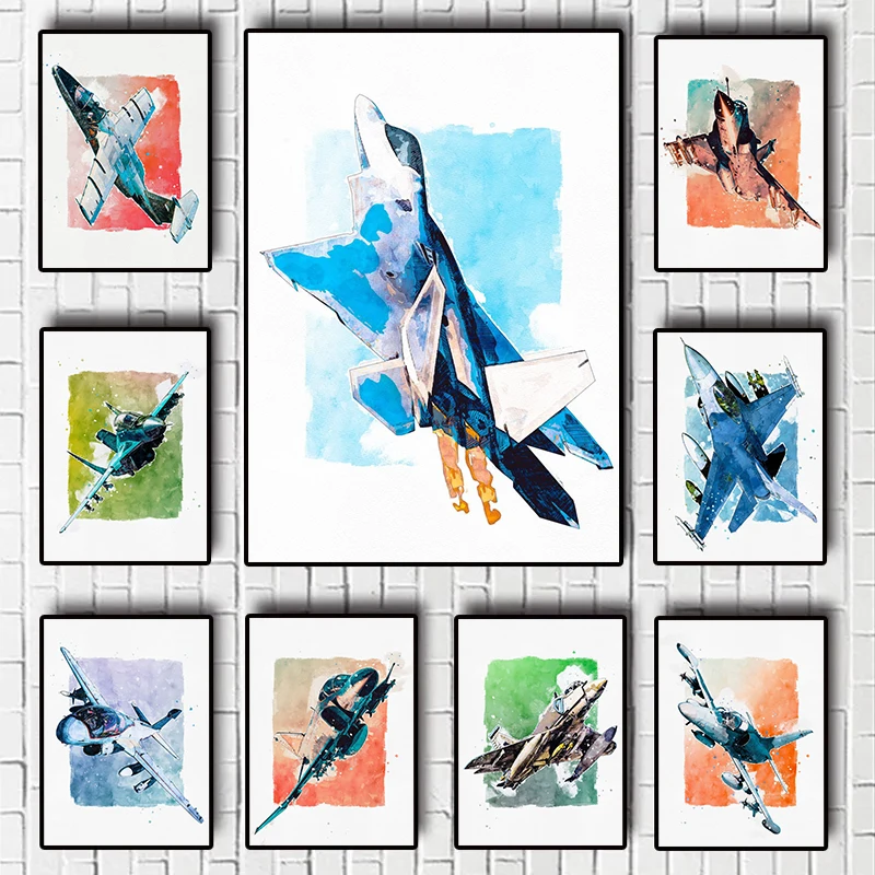 Watercolor Fighter Poster F15 Eagle F4 Phantom F14 Tomcat Canvas printing abstract art Home wall decoration hanging paintings