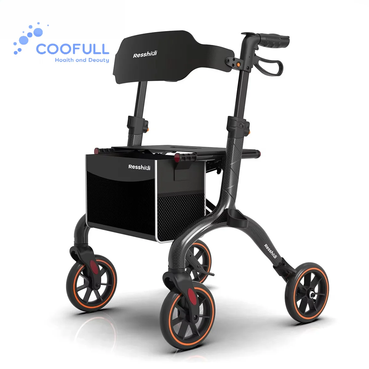Coolfull Extra-Large Load Capacity Ultralight Portable Removable Backrest Retractable Handrail Rod Full Carbon Fiber Rollator