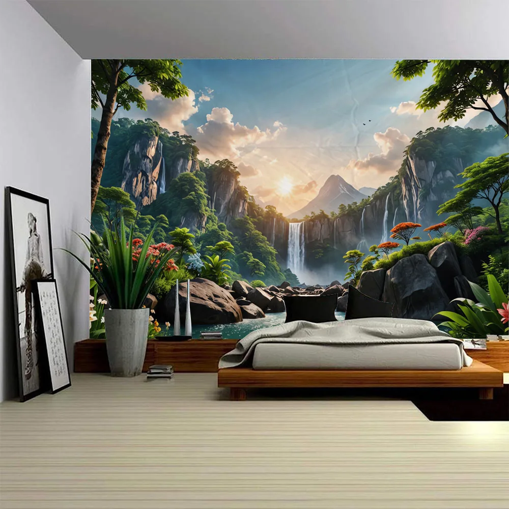 Mountain Range Waterfall Flower Tapestry Sunshine Forest Wall Decoration Background Cloth Living Room Bedroom Wall Hanging