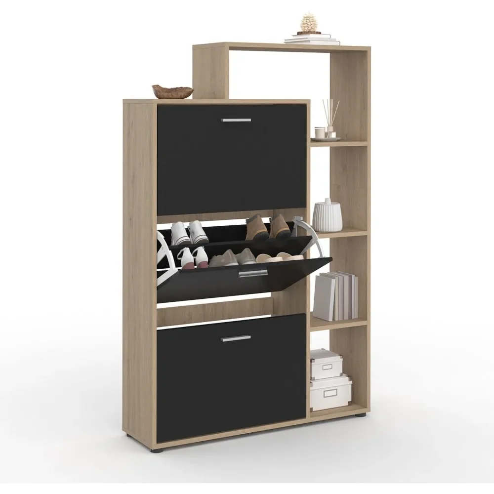 - Klark 18 paires étagère à chaussures effet hêtre 3 portes noir avec étagère