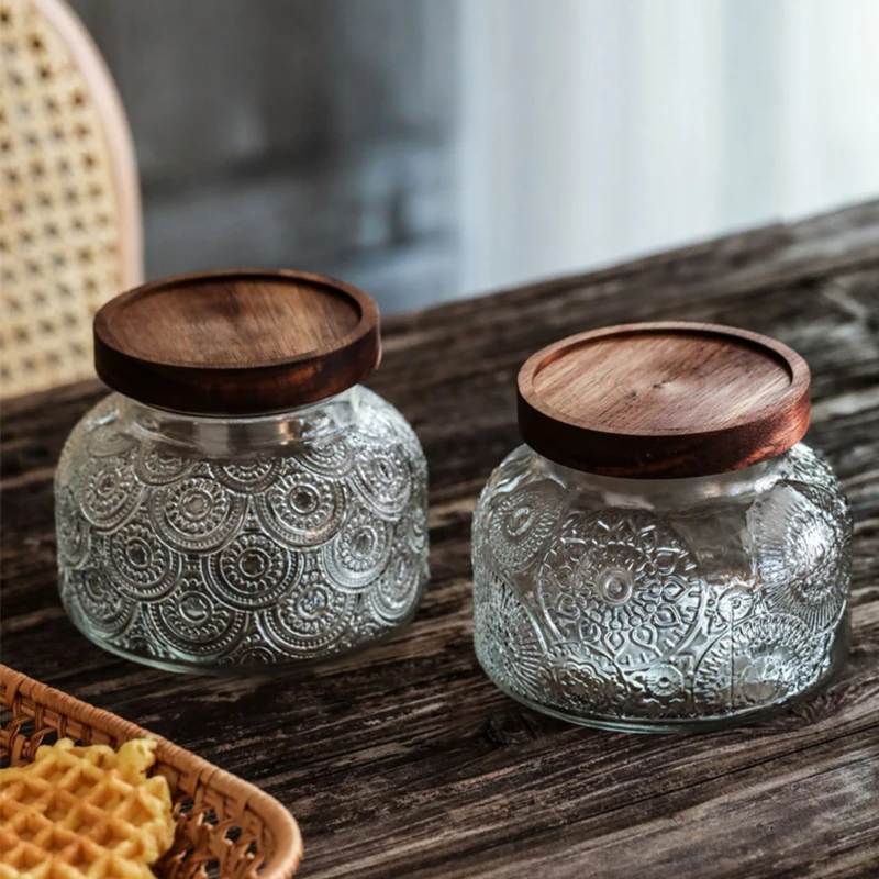 Retro American Carved Wooden Lid Sealed Glass Jar Food-grade Kitchen Grains Transparent Sub-bottling Household Storage Jar