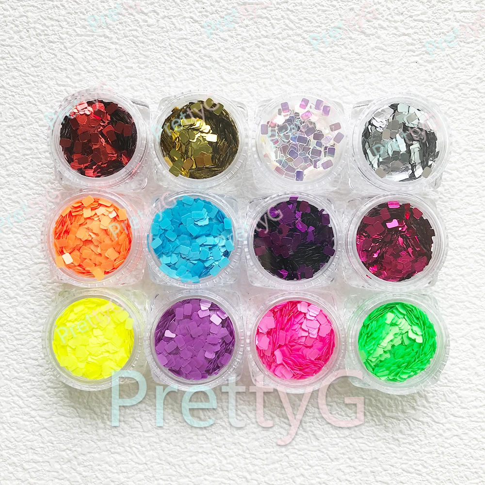 PrettyG 1 Box M0Y 3mm Zaokrąglony prostokątny brokat w kształcie metalicznego neonowego brokatu z cekinami do zdobienia paznokci żelowych DIY Akcesoria do dekoracji