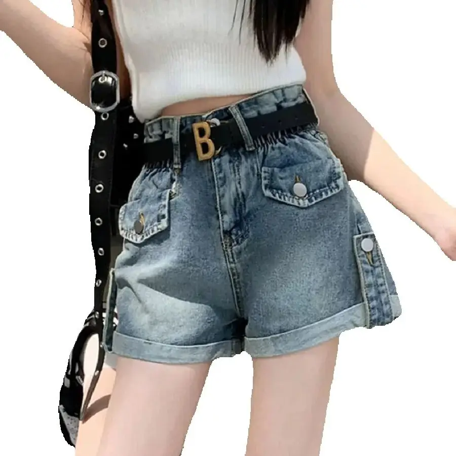 Retro Blue Rolled Denim Shorts Women Spring New High Waist Loose Slim Niche Design Sense A Line Wide-Leg Short Pants