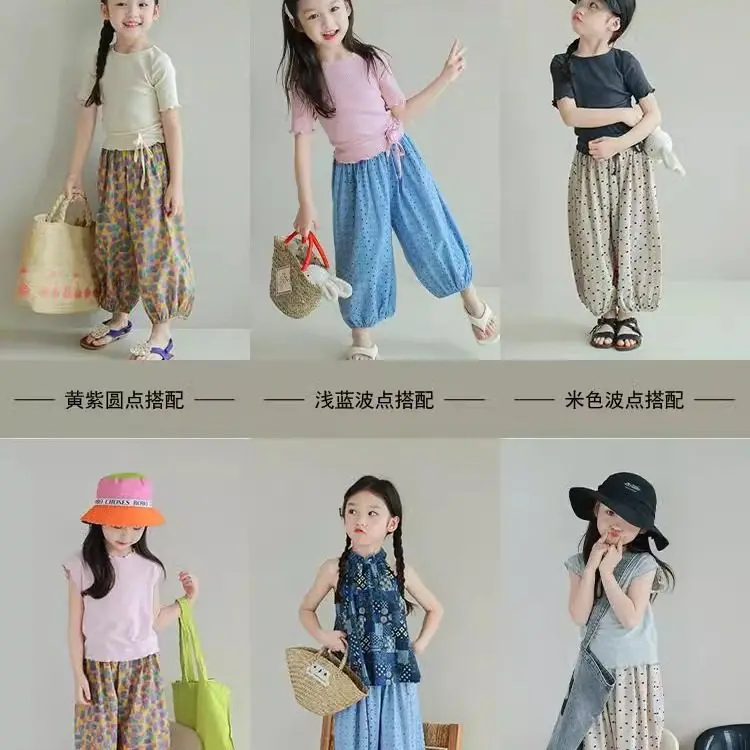 Girls' Polka Dot Floral Closure Casual Loose Cropped Pants, Lightweight Mosquito Repellent Pants, Summer New Style