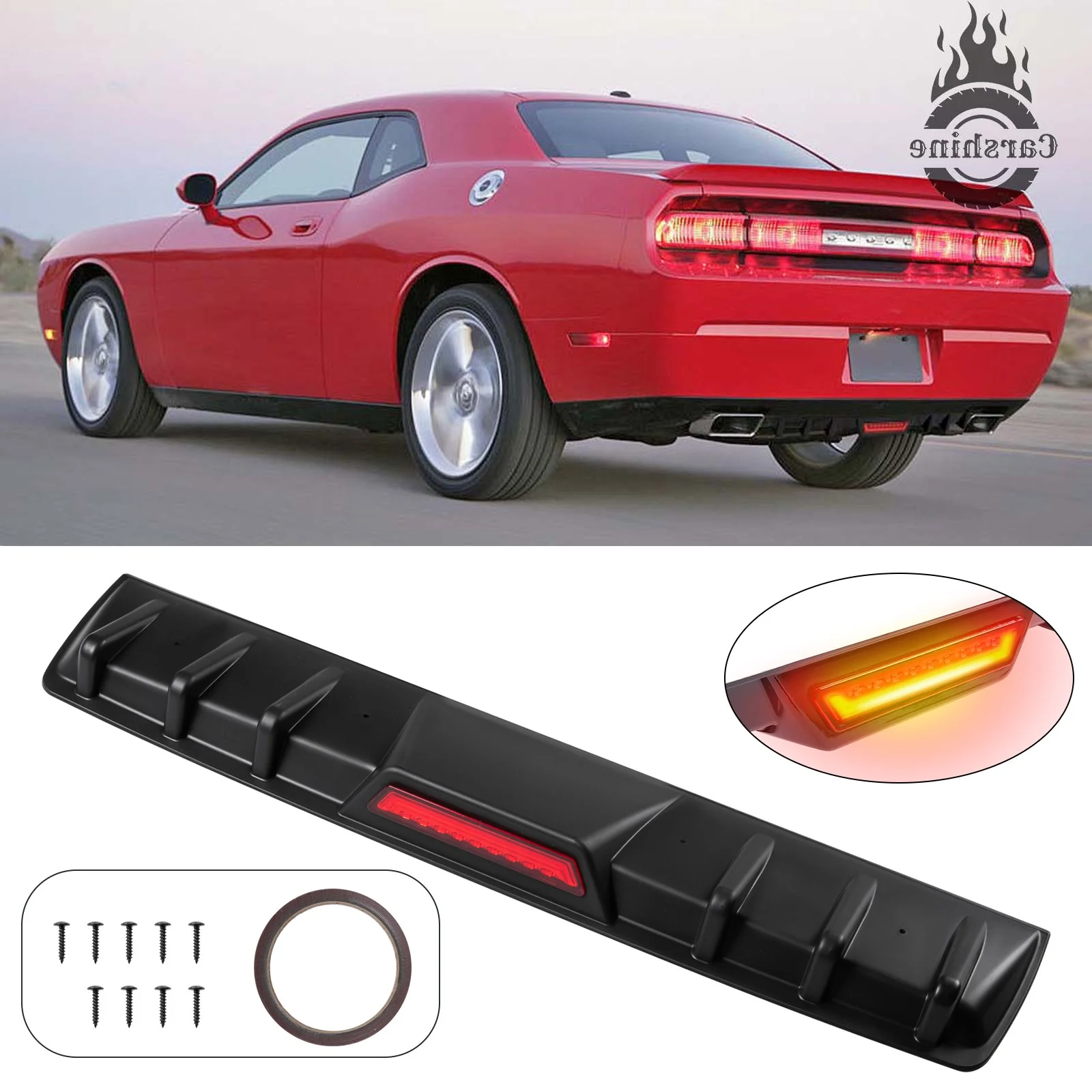 

Matte Black 6 Shark Fin Rear Diffuser Bumper Spoiler Lip Reflective Strip For Dodge Challenger