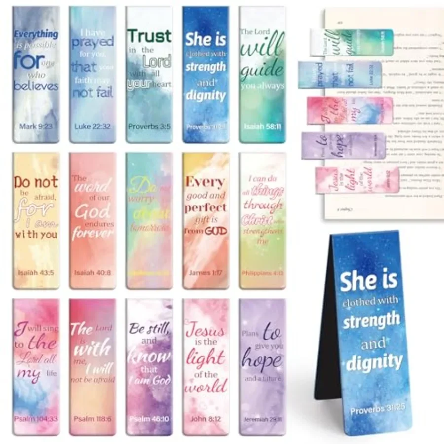 Magnetic Bookmarks, 15PCS Large Bible Quotes Christian Bookmarks for Women, Double Sided Book Markers, Book Marks for Reading W