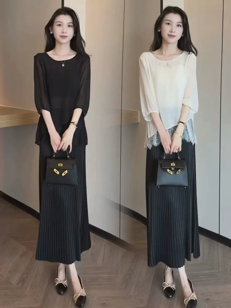 

Fashionable Lace Panel Irregular Sleeve Midi Skirt Set Women Summer Casual Wear High Waist Pleated A-Line Dress Two-Piece Suit
