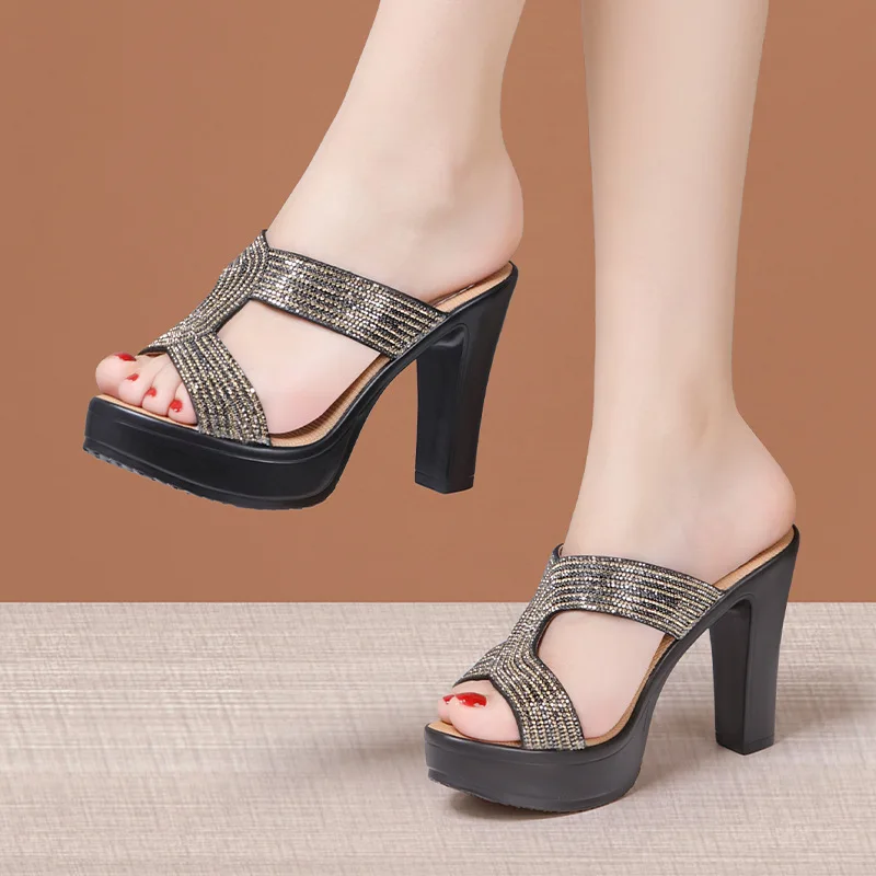 High quality summer sandals for women 10cm high heel 2024 size 32 33 42 43 platform open toe elegant rhinestone shoe black gold