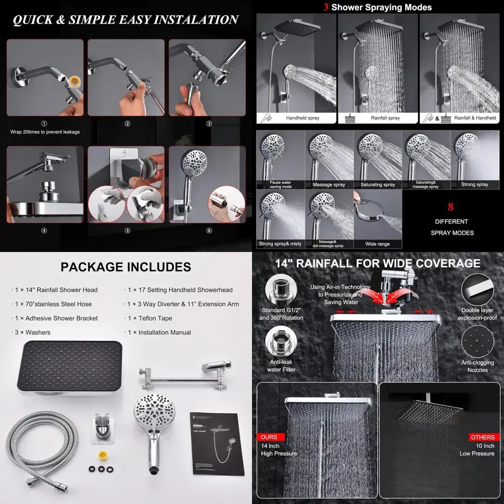 

Комбинированный душевой набор 14 Rainfall с 8 ручными форсунками, функцией Power Wash, широким охватом, регулируемым кронштейном, хромированная отделка